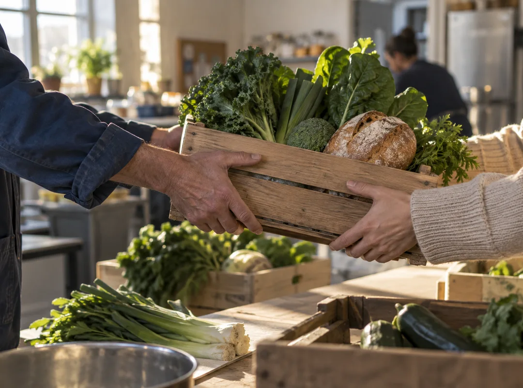Des mains passent une caisse de légumes et de pain dans une cuisine communautaire.