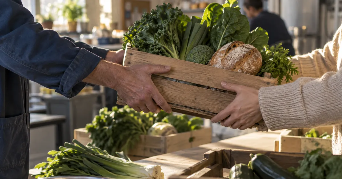 Des mains passent une caisse de légumes et de pain dans une cuisine communautaire.