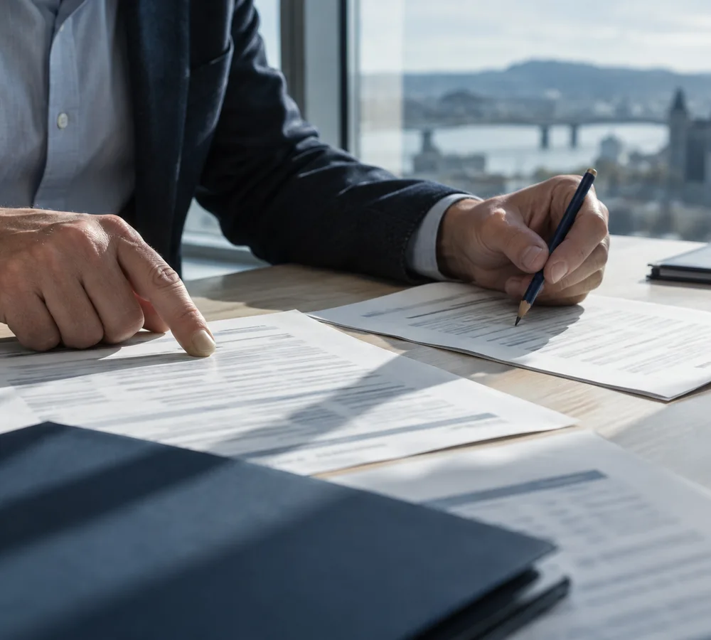 Des mains comparent deux documents financiers à la lumière d’une fenêtre.