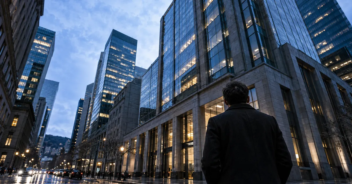 Une personne face aux façades d’un quartier d’affaires.