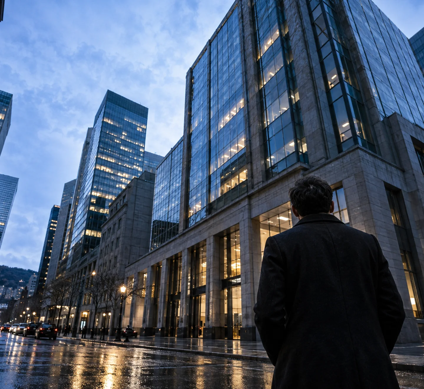 Une personne face aux grandes façades d’un quartier d’affaires, dans la lumière bleue de la ville.